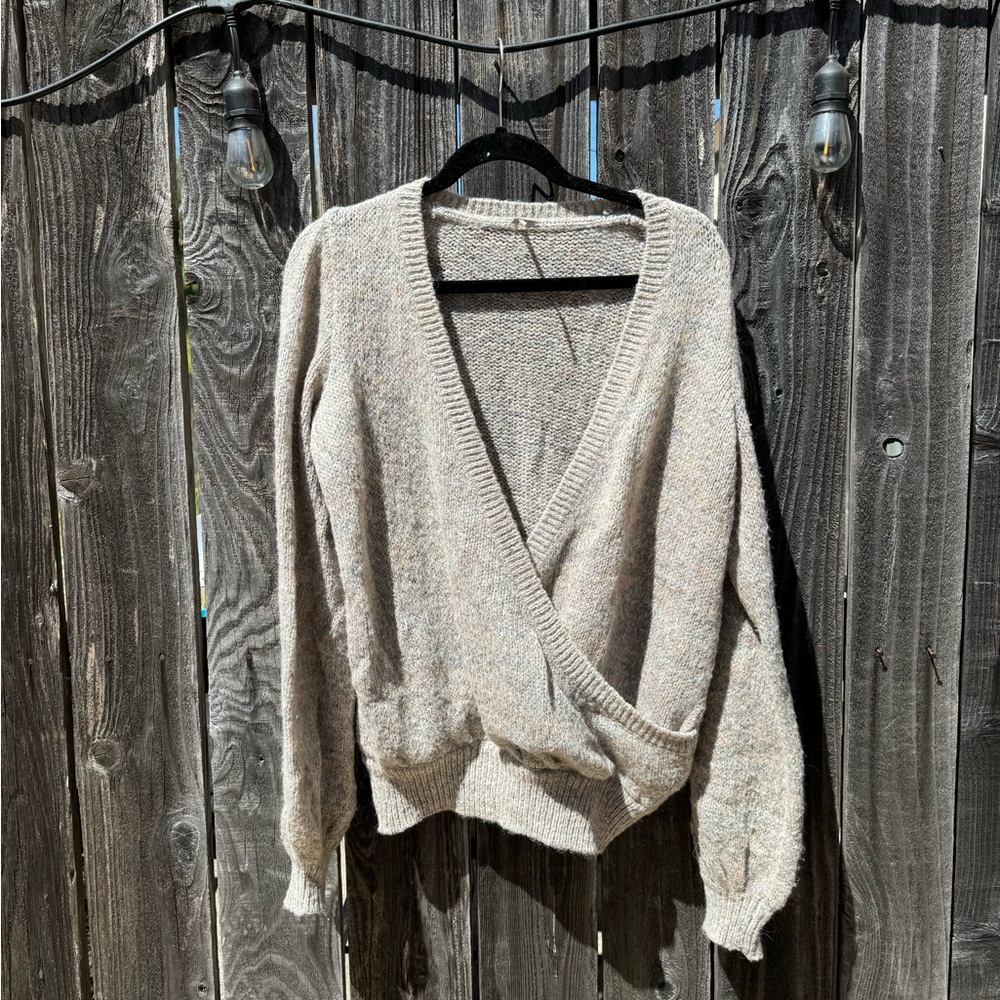 Free People Karina Slouchy Beige Wrap Front VNeck Mohair Alpaca Loose Sweater XS